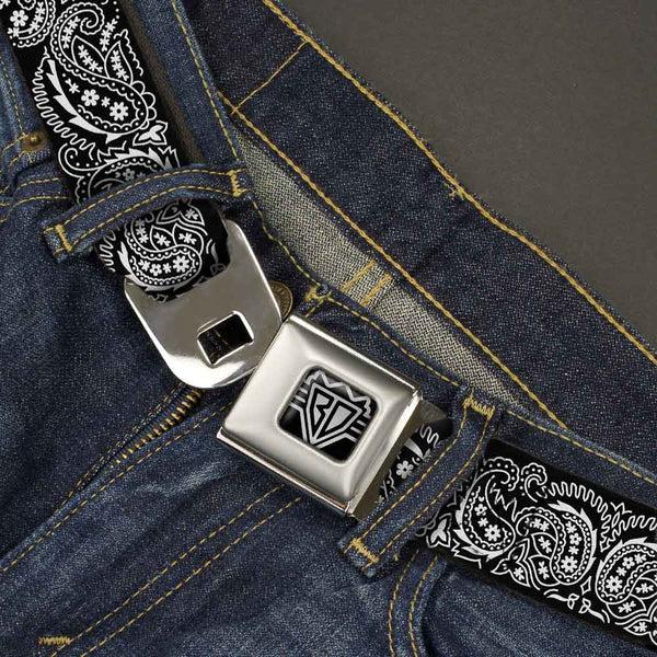 Buckle-Down BD Wings Logo CLOSE-UP Full Color Black Silver Seatbelt Belt - Floral Paisley2 Black/White Webbing