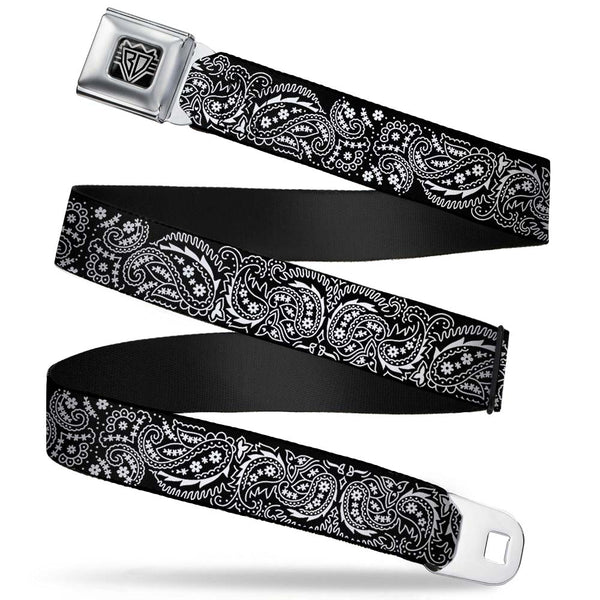 Buckle-Down BD Wings Logo CLOSE-UP Full Color Black Silver Seatbelt Belt - Floral Paisley2 Black/White Webbing
