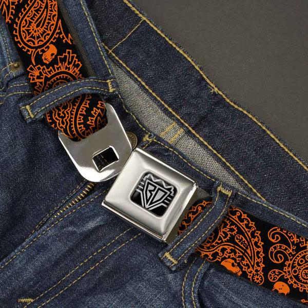 Buckle-Down BD Wings Logo CLOSE-UP Full Color Black Silver Seatbelt Belt - Bandana/Skulls Black/Orange Webbing