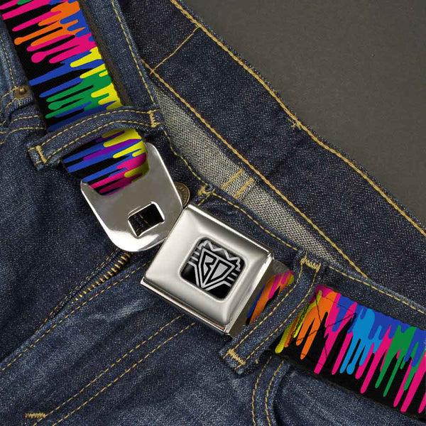 Buckle-Down BD Wings Logo CLOSE-UP Full Color Black Silver Seatbelt Belt - Paint Drips Black/Multi Neon Webbing