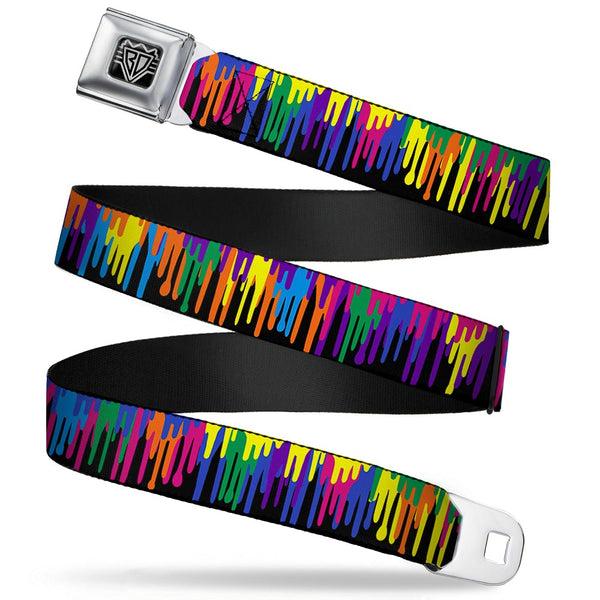 Buckle-Down BD Wings Logo CLOSE-UP Full Color Black Silver Seatbelt Belt - Paint Drips Black/Multi Neon Webbing