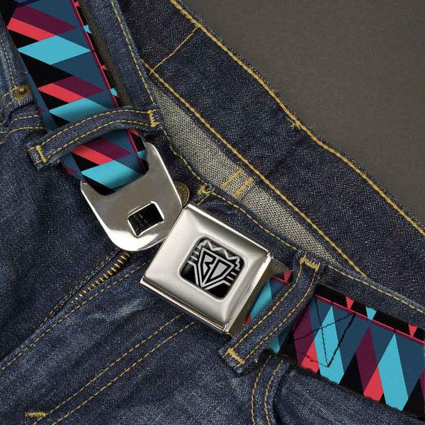 Buckle-Down BD Wings Logo CLOSE-UP Full Color Black Silver Seatbelt Belt - Geometric Peaks Blues/Purple/Red Webbing
