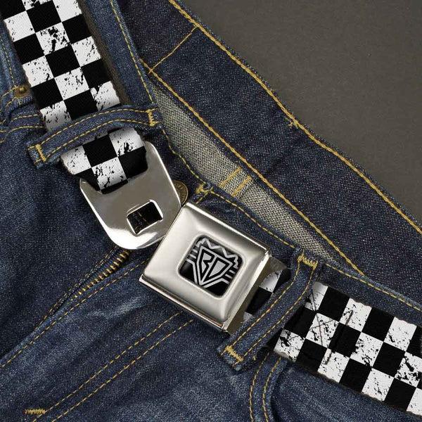 Buckle-Down BD Wings Logo CLOSE-UP Full Color Black Silver Seatbelt Belt - Checker Weathered2 Black/White Webbing