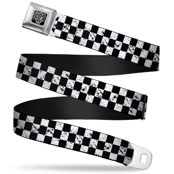 Buckle-Down BD Wings Logo CLOSE-UP Full Color Black Silver Seatbelt Belt - Checker Weathered2 Black/White Webbing