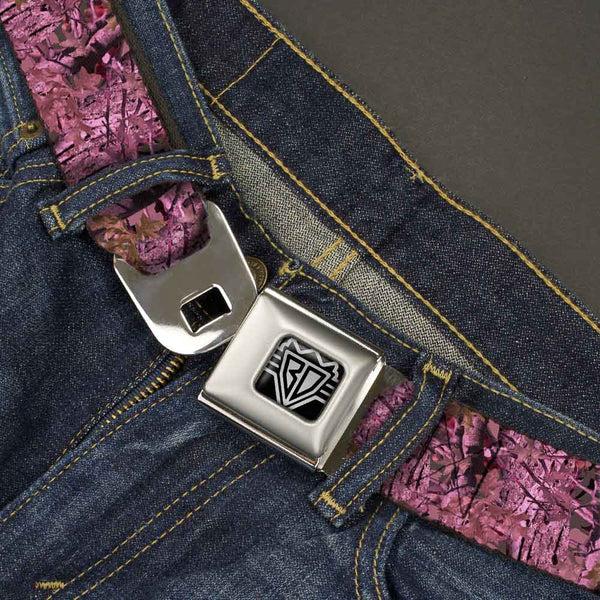Buckle-Down BD Wings Logo CLOSE-UP Full Color Black Silver Seatbelt Belt - Hunting Camo Pinks Webbing