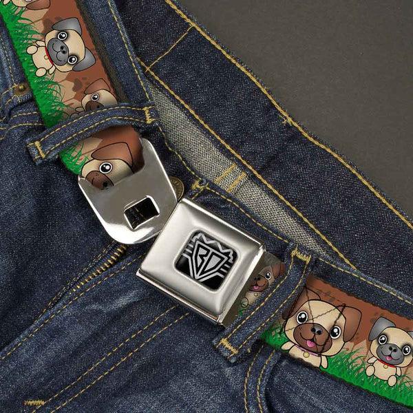 Buckle-Down BD Wings Logo CLOSE-UP Full Color Black Silver Seatbelt Belt - Pug Puppies/Paw Prints Browns/Greens Webbing
