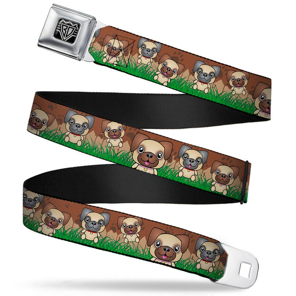 Buckle-Down BD Wings Logo CLOSE-UP Full Color Black Silver Seatbelt Belt - Pug Puppies/Paw Prints Browns/Greens Webbing