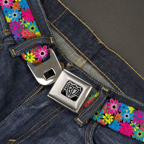 Buckle-Down BD Wings Logo CLOSE-UP Full Color Black Silver Seatbelt Belt - Flower Blossom Webbing