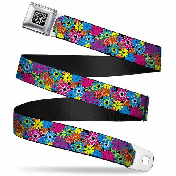 Buckle-Down BD Wings Logo CLOSE-UP Full Color Black Silver Seatbelt Belt - Flower Blossom Webbing