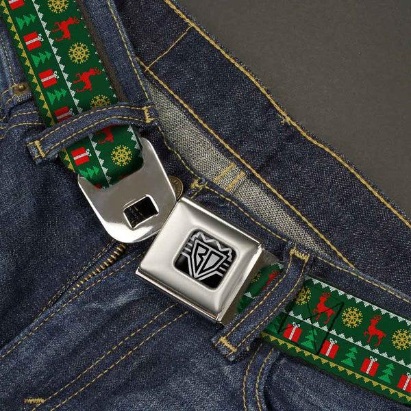 Buckle-Down BD Wings Logo CLOSE-UP Full Color Black Silver Seatbelt Belt - Christmas Sweater Stitch Green/White/Gold/Red Webbing