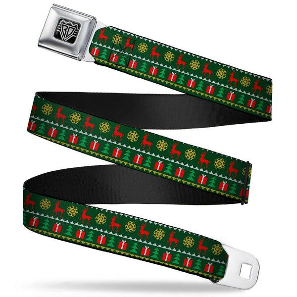 Buckle-Down BD Wings Logo CLOSE-UP Full Color Black Silver Seatbelt Belt - Christmas Sweater Stitch Green/White/Gold/Red Webbing