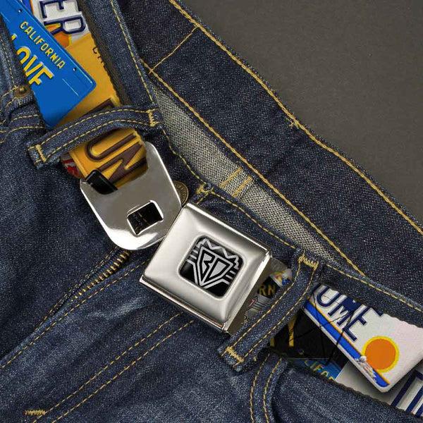 Buckle-Down BD Wings Logo CLOSE-UP Full Color Black Silver Seatbelt Belt - Cali License Plates Stacked Webbing