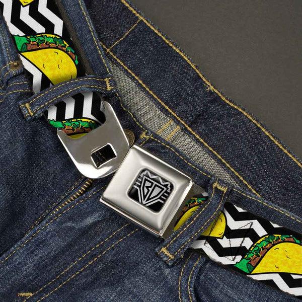 Buckle-Down BD Wings Logo CLOSE-UP Full Color Black Silver Seatbelt Belt - Taco/Chevron Black/White Webbing