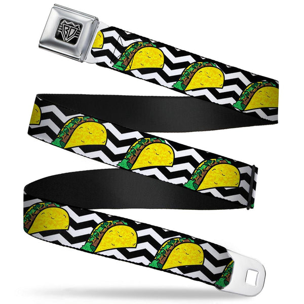 Buckle-Down BD Wings Logo CLOSE-UP Full Color Black Silver Seatbelt Belt - Taco/Chevron Black/White Webbing