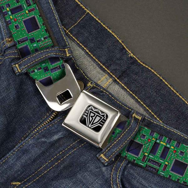 Buckle-Down BD Wings Logo CLOSE-UP Full Color Black Silver Seatbelt Belt - Circuit Board2 Webbing
