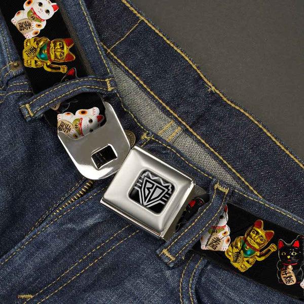 Buckle-Down BD Wings Logo CLOSE-UP Full Color Black Silver Seatbelt Belt - Maneki Neko Lucky Cats Gold/Black/White Webbing