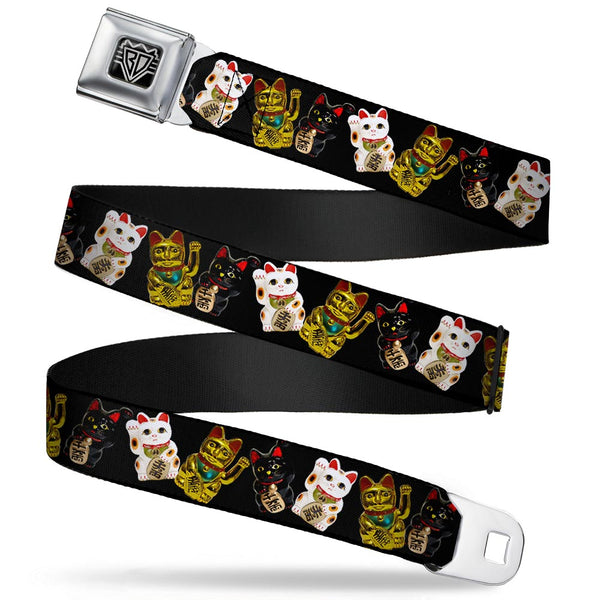 Buckle-Down BD Wings Logo CLOSE-UP Full Color Black Silver Seatbelt Belt - Maneki Neko Lucky Cats Gold/Black/White Webbing
