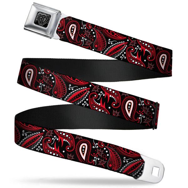 Buckle-Down BD Wings Logo CLOSE-UP Full Color Black Silver Seatbelt Belt - Floral Paisley3 Black/Red/Gray/White Webbing