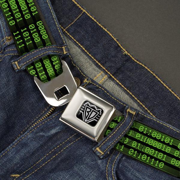 Buckle-Down BD Wings Logo CLOSE-UP Full Color Black Silver Seatbelt Belt - Binary Code Black/Green Webbing