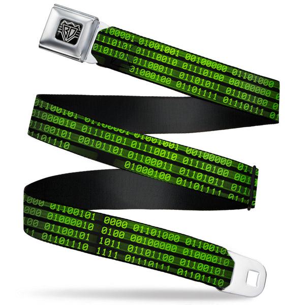Buckle-Down BD Wings Logo CLOSE-UP Full Color Black Silver Seatbelt Belt - Binary Code Black/Green Webbing