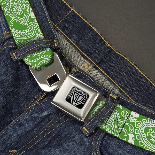 Buckle-Down BD Wings Logo CLOSE-UP Full Color Black Silver Seatbelt Belt - Bandana/Skulls Irish Green/White Webbing