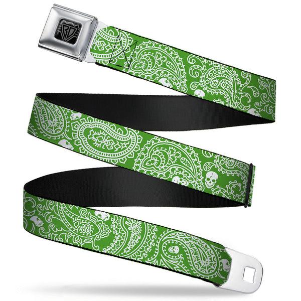 Buckle-Down BD Wings Logo CLOSE-UP Full Color Black Silver Seatbelt Belt - Bandana/Skulls Irish Green/White Webbing