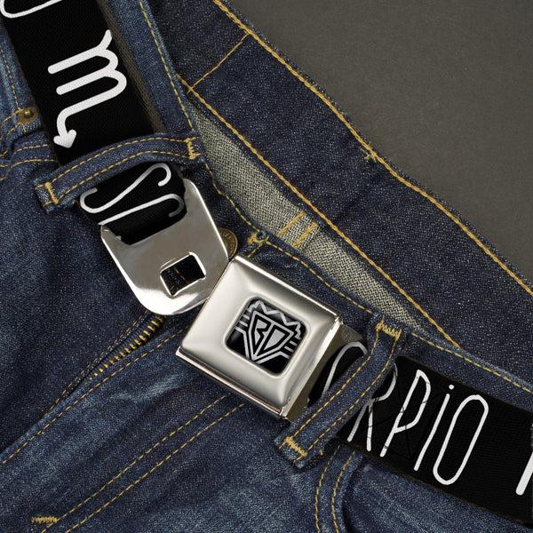 Buckle-Down BD Wings Logo CLOSE-UP Full Color Black Silver Seatbelt Belt - Zodiac SCORPIO/Symbol Black/White Webbing