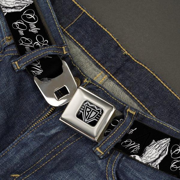 Buckle-Down BD Wings Logo CLOSE-UP Full Color Black Silver Seatbelt Belt - ONLY GOD CAN JUDGE ME Script/Praying Hands Black/White Webbing