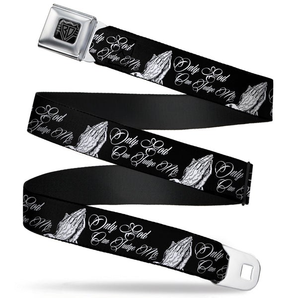 Buckle-Down BD Wings Logo CLOSE-UP Full Color Black Silver Seatbelt Belt - ONLY GOD CAN JUDGE ME Script/Praying Hands Black/White Webbing