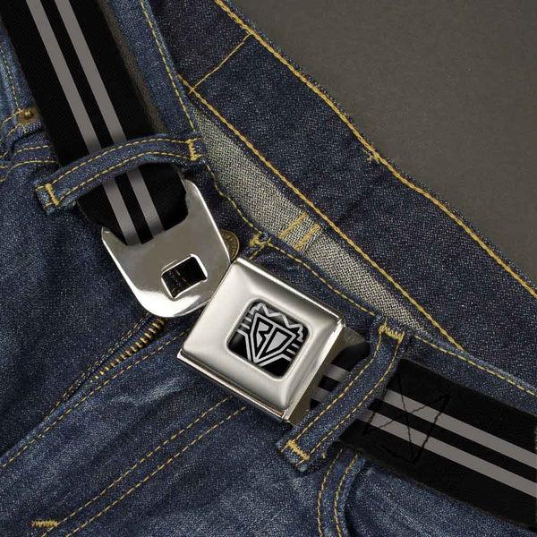Buckle-Down BD Wings Logo CLOSE-UP Full Color Black Silver Seatbelt Belt - Stripe Black/Gray Webbing