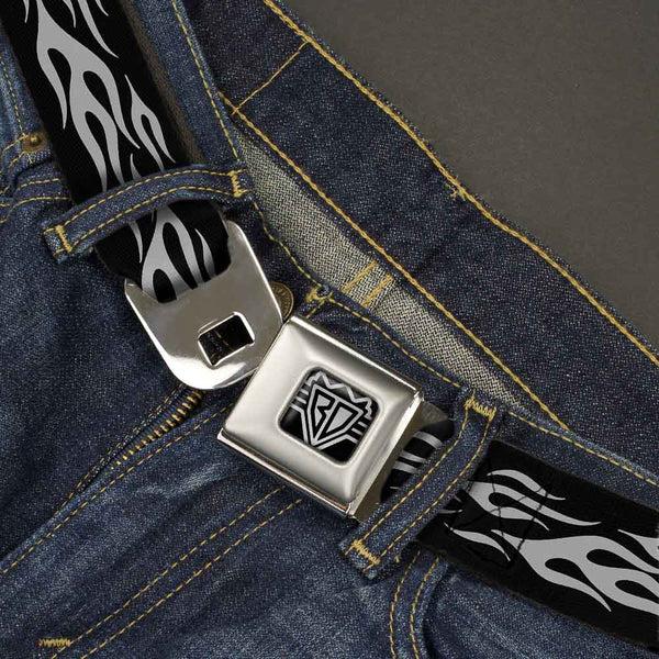 Buckle-Down BD Wings Logo CLOSE-UP Full Color Black Silver Seatbelt Belt - Flame Silver Webbing