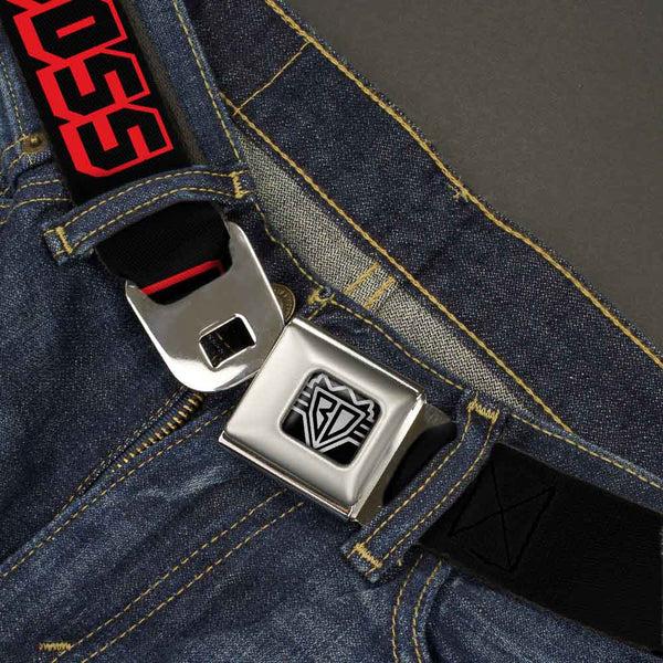 Buckle-Down BD Wings Logo CLOSE-UP Full Color Black Silver Seatbelt Belt - LIKE A BOSS Black/Red Webbing
