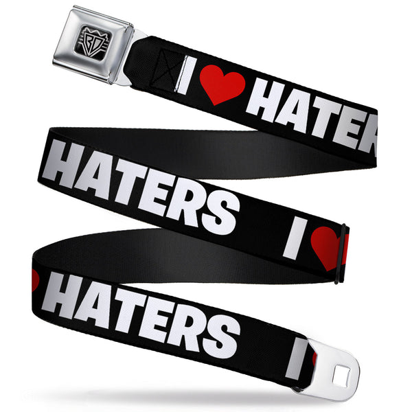 Buckle-Down BD Wings Logo CLOSE-UP Full Color Black Silver Seatbelt Belt - I "Heart" HATERS Black/White/Red Webbing