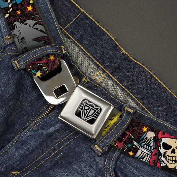 Buckle-Down BD Wings Logo CLOSE-UP Full Color Black Silver Seatbelt Belt - Dead Men Tell No Tales Black Webbing
