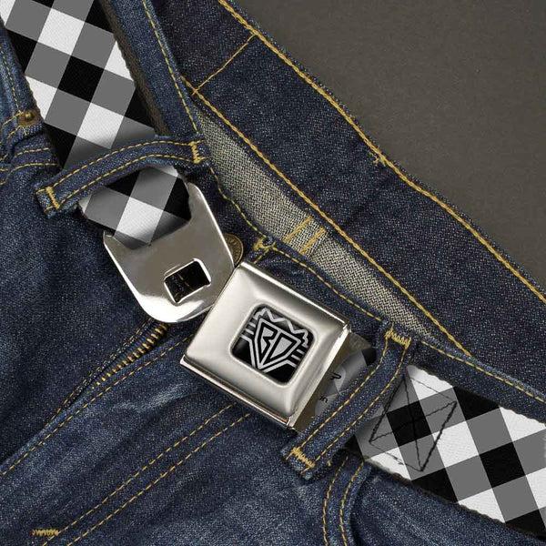 Buckle-Down BD Wings Logo CLOSE-UP Full Color Black Silver Seatbelt Belt - Diagonal Buffalo Plaid Black/White Webbing