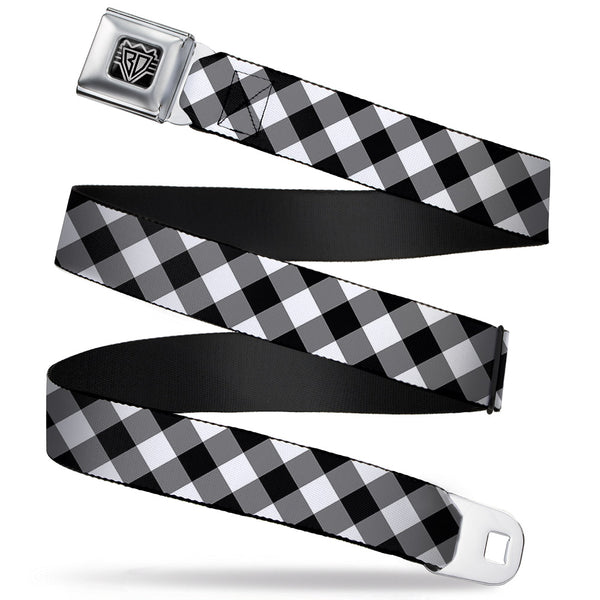 Buckle-Down BD Wings Logo CLOSE-UP Full Color Black Silver Seatbelt Belt - Diagonal Buffalo Plaid Black/White Webbing