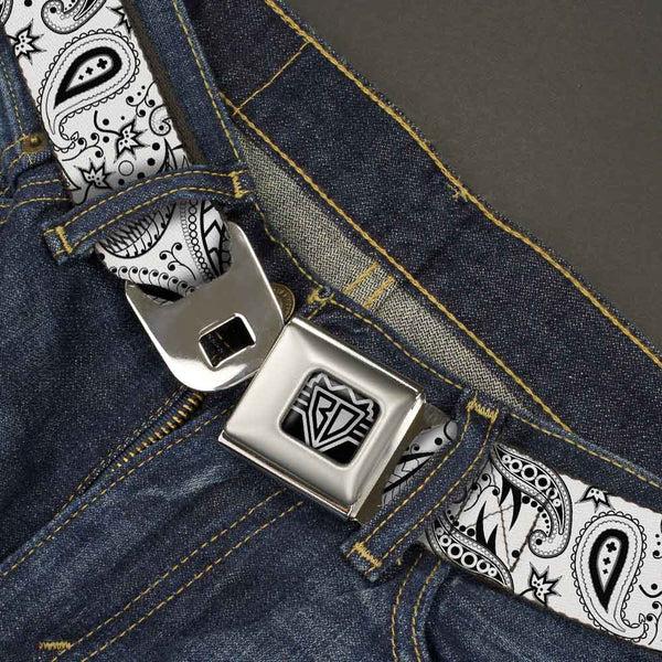 Buckle-Down BD Wings Logo CLOSE-UP Full Color Black Silver Seatbelt Belt - Floral Paisley3 White/Black Webbing
