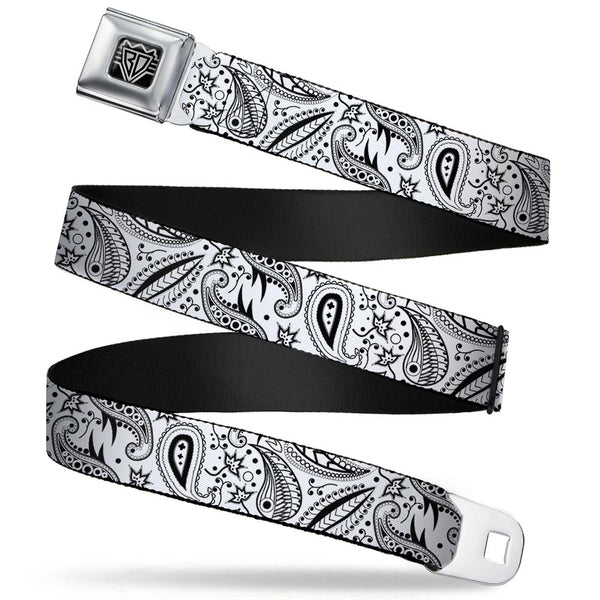 Buckle-Down BD Wings Logo CLOSE-UP Full Color Black Silver Seatbelt Belt - Floral Paisley3 White/Black Webbing