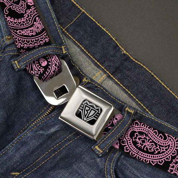 Buckle-Down BD Wings Logo CLOSE-UP Full Color Black Silver Seatbelt Belt - Bandana/Skulls Black/Pink Webbing