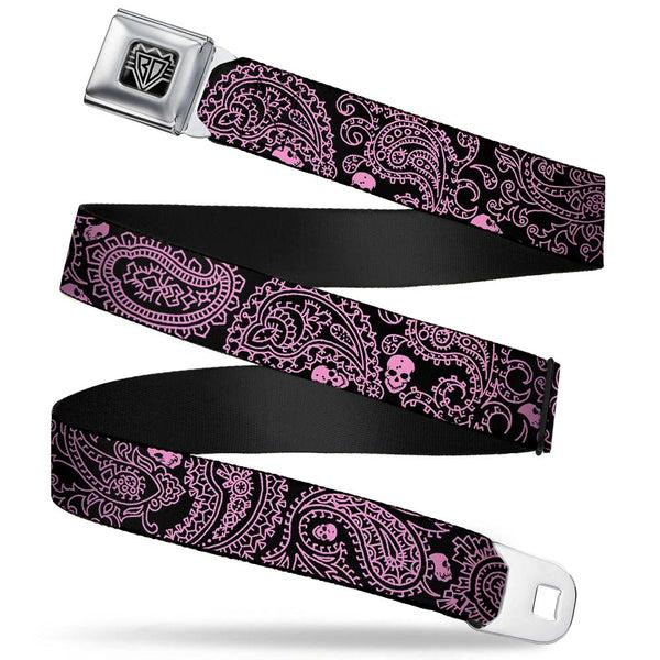 Buckle-Down BD Wings Logo CLOSE-UP Full Color Black Silver Seatbelt Belt - Bandana/Skulls Black/Pink Webbing