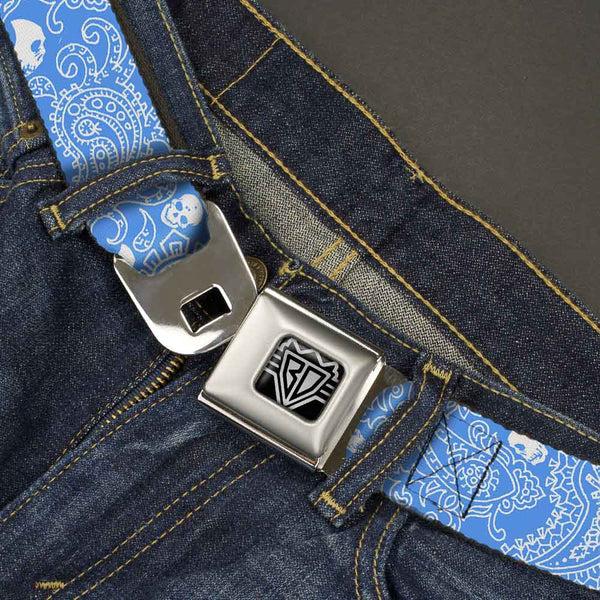 Buckle-Down BD Wings Logo CLOSE-UP Full Color Black Silver Seatbelt Belt - Bandana/Skulls Baby Blue/White Webbing