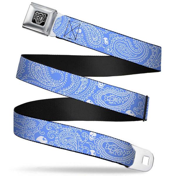 Buckle-Down BD Wings Logo CLOSE-UP Full Color Black Silver Seatbelt Belt - Bandana/Skulls Baby Blue/White Webbing