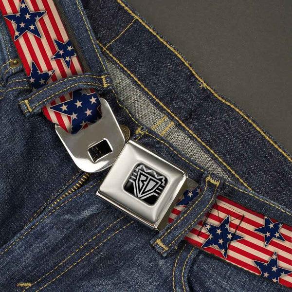 Buckle-Down BD Wings Logo CLOSE-UP Full Color Black Silver Seatbelt Belt - Americana Stars & Stripes Red/White/Blue/White Webbing