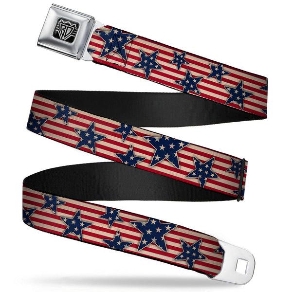 Buckle-Down BD Wings Logo CLOSE-UP Full Color Black Silver Seatbelt Belt - Americana Stars & Stripes Red/White/Blue/White Webbing