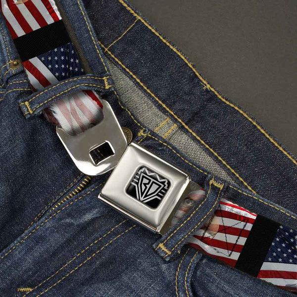 Buckle-Down BD Wings Logo CLOSE-UP Full Color Black Silver Seatbelt Belt - American Eagle Flags Webbing