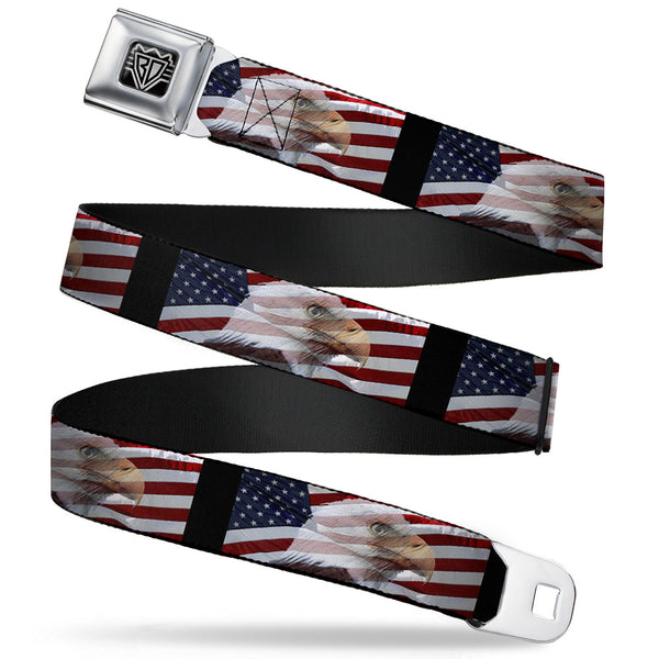 Buckle-Down BD Wings Logo CLOSE-UP Full Color Black Silver Seatbelt Belt - American Eagle Flags Webbing