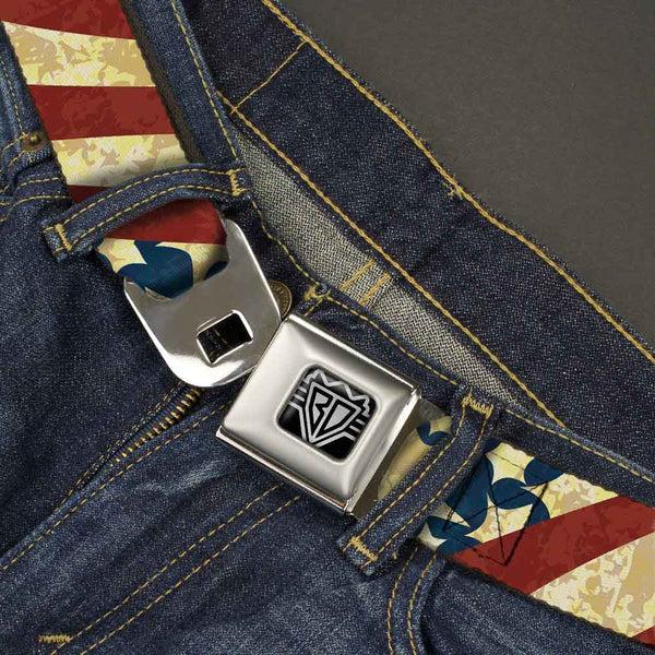 Buckle-Down BD Wings Logo CLOSE-UP Full Color Black Silver Seatbelt Belt - Americana Diagonal Vintage Stars & Stripes2 Webbing