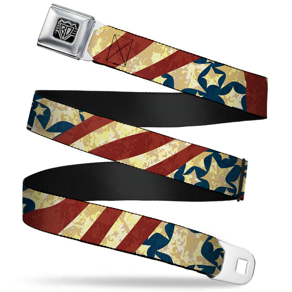 Buckle-Down BD Wings Logo CLOSE-UP Full Color Black Silver Seatbelt Belt - Americana Diagonal Vintage Stars & Stripes2 Webbing