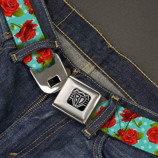 Buckle-Down BD Wings Logo CLOSE-UP Full Color Black Silver Seatbelt Belt - Red Roses/Polka Dots Turquoise Webbing