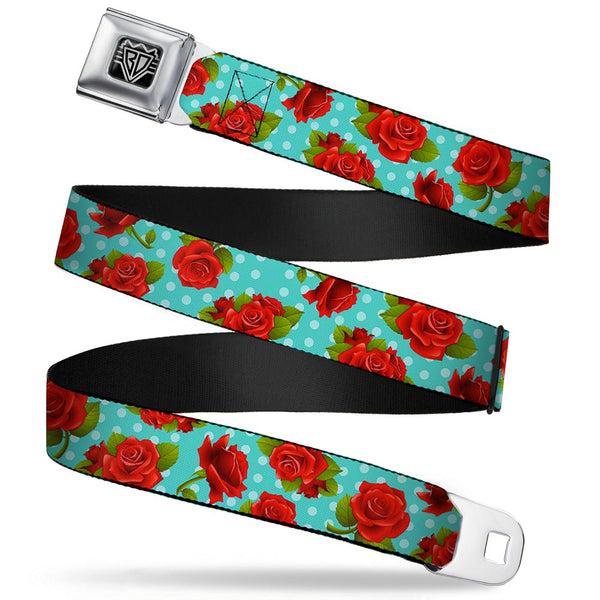 Buckle-Down BD Wings Logo CLOSE-UP Full Color Black Silver Seatbelt Belt - Red Roses/Polka Dots Turquoise Webbing